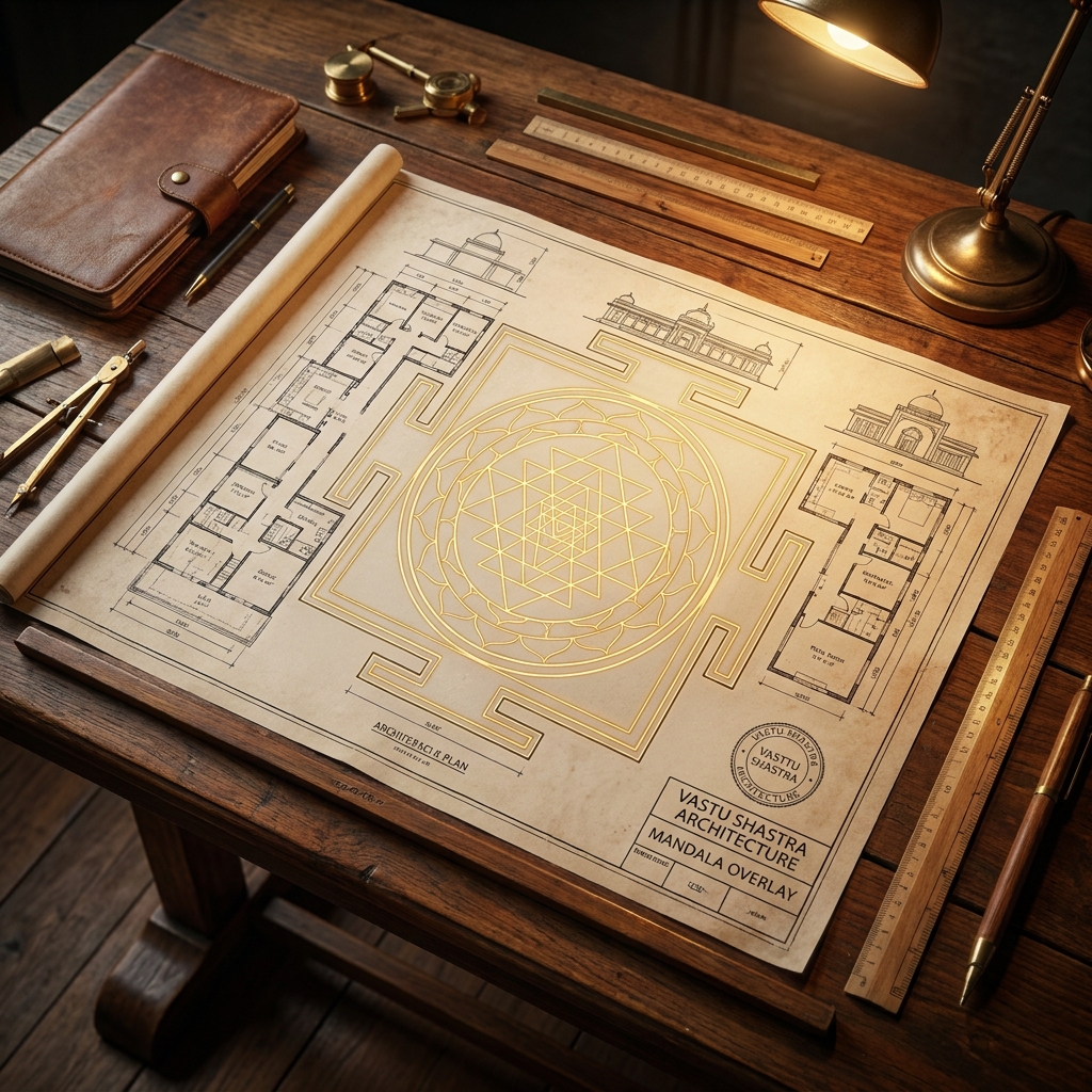 Vastu floor plan with a golden sacred-geometry yantra on an architect's desk