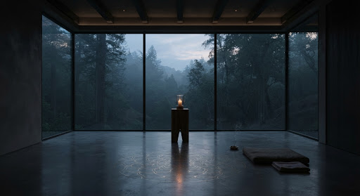 A dark modern living space with floor-to-ceiling windows onto a misty forest