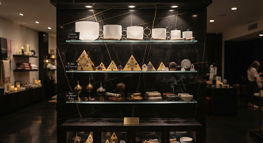 Shelves of singing bowls and consecrated crystal pyramids