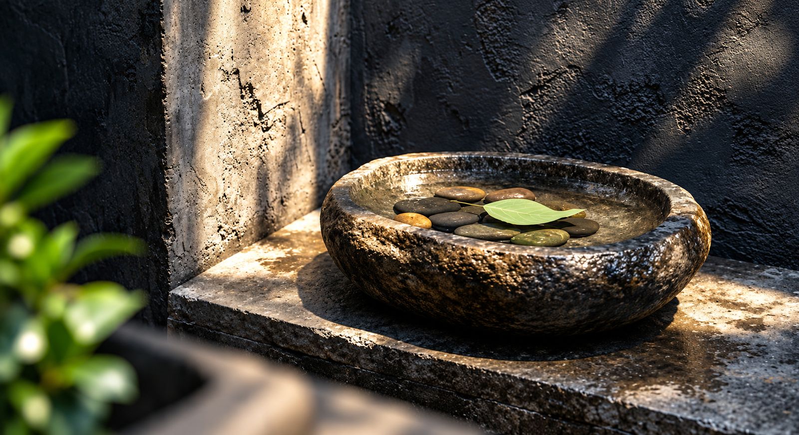 Smooth stone basin in a quiet, sunlit room