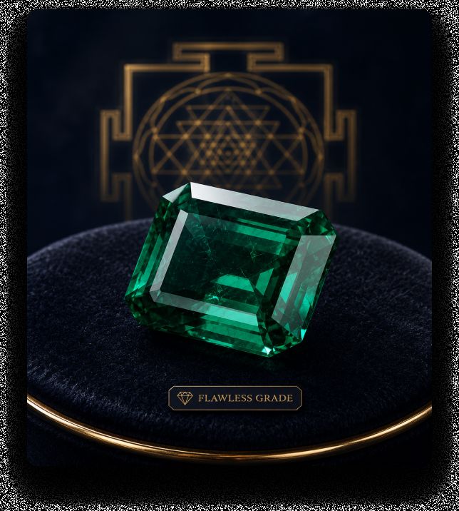 A faceted emerald resting on dark velvet