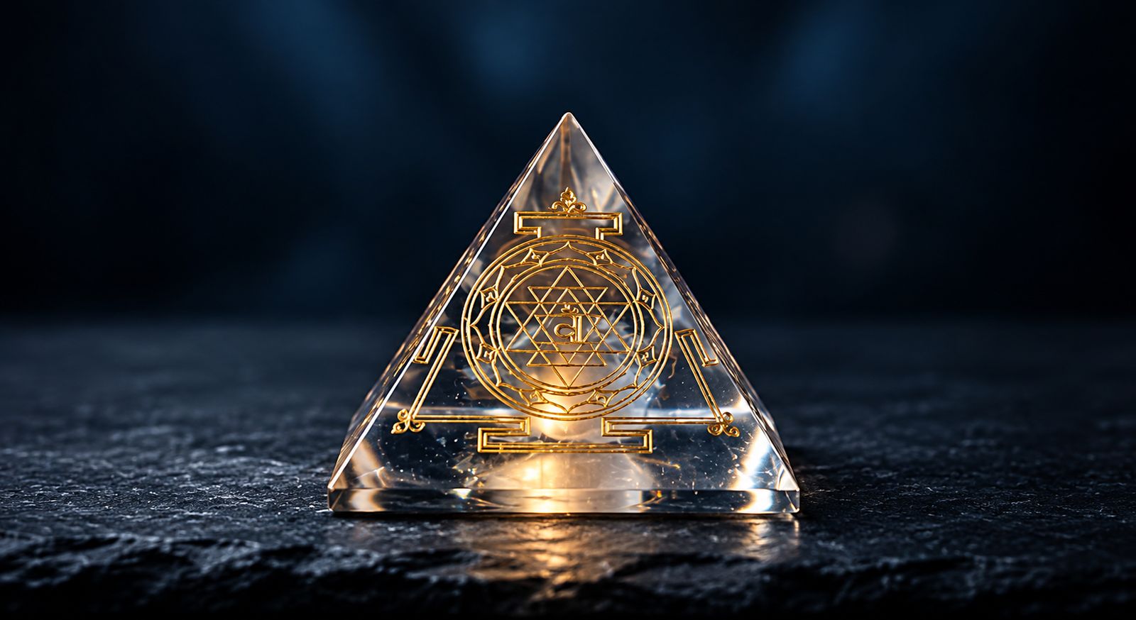 A glowing crystal pyramid resting on a dark stone surface