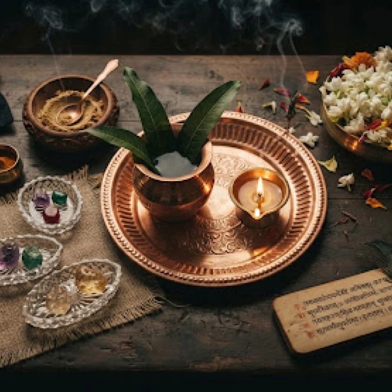 Copper consecration plate with a lit diya, mango leaves, gemstones and a Sanskrit text